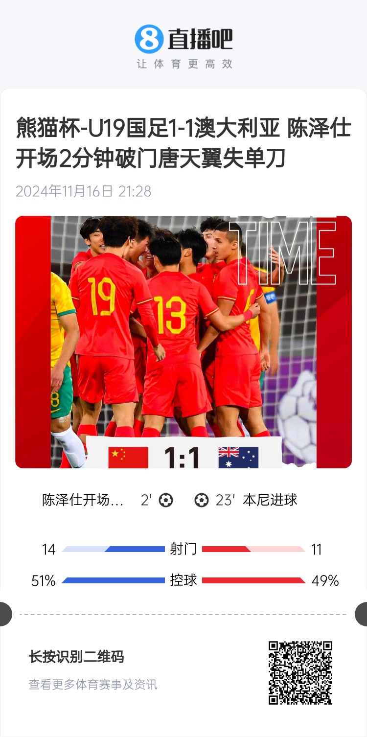  二番戰(zhàn)！U20國青與澳大利亞去年熊貓杯剛有過交手，雙方1-1戰(zhàn)平