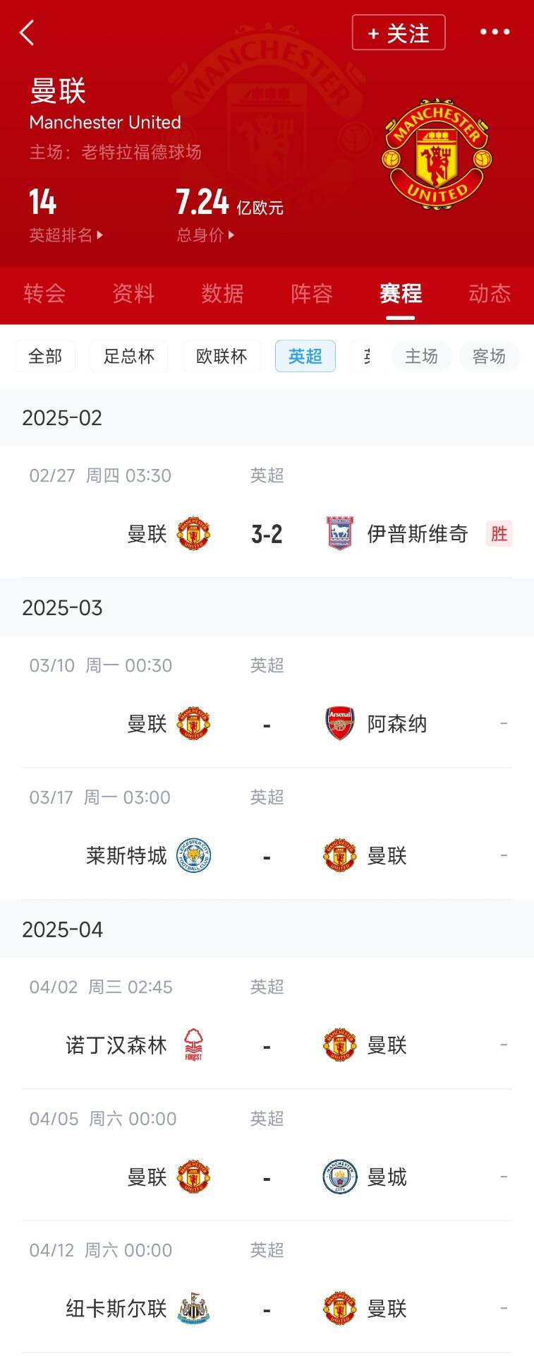  藍(lán)狐救一下？曼聯(lián)未來(lái)5輪將遭遇英超2/3/4/6名：槍手森林曼城紐卡