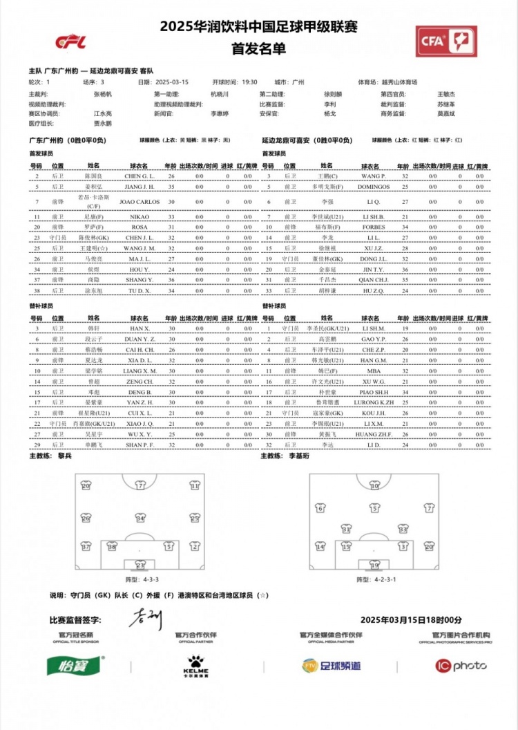  廣州豹vs延邊龍鼎首發(fā)：卡洛斯、羅薩、尼康三外援領(lǐng)銜廣州豹