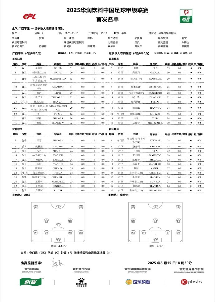  中甲-廣西平果vs遼寧鐵人首發(fā)：三外援對決三外援，安以恩出戰(zhàn)