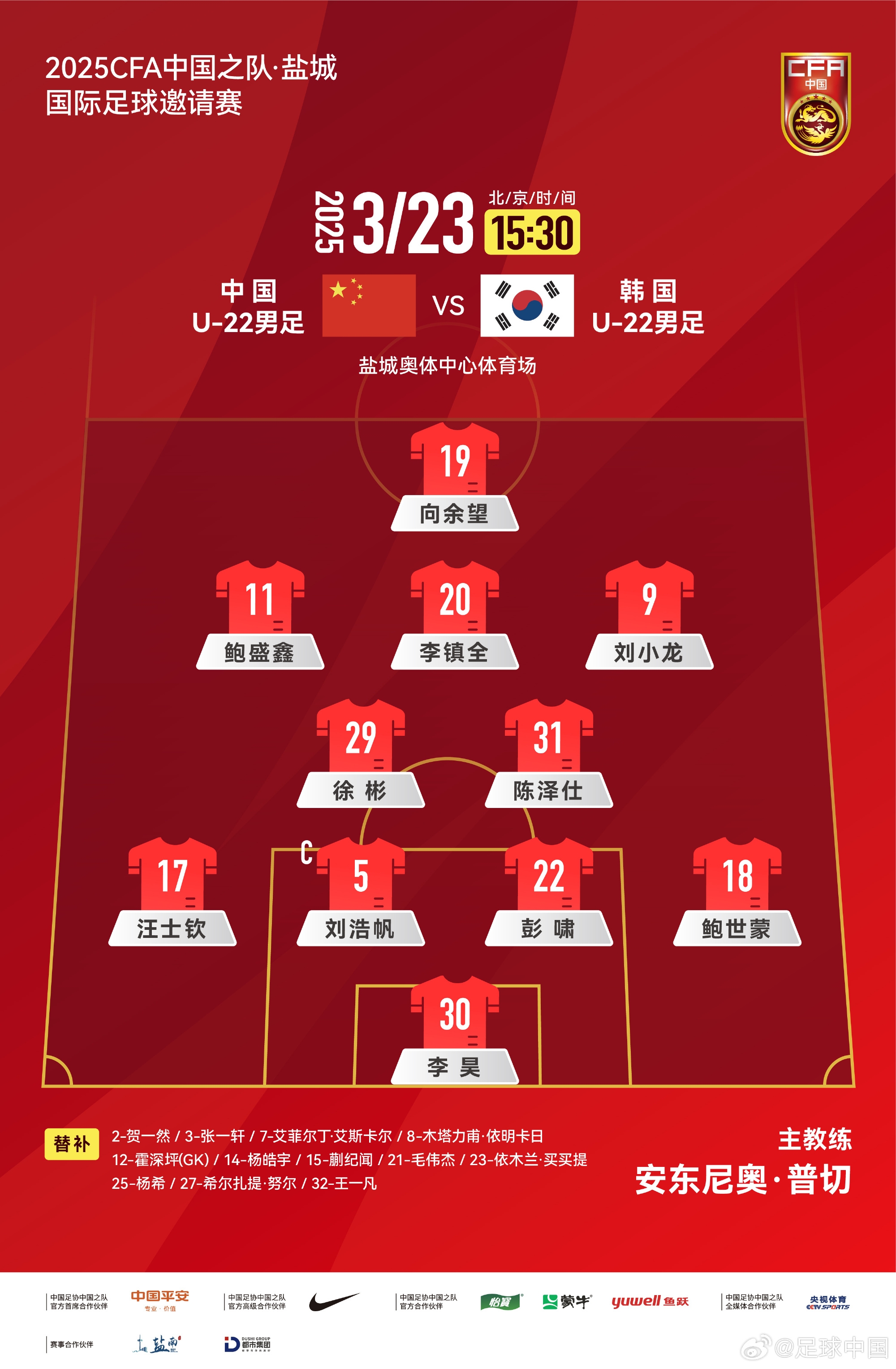  鹽城四國賽，中國U-22男足對陣韓國U-22男足，中國隊首發(fā)陣容