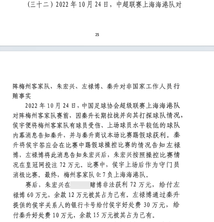  網(wǎng)傳判決書(shū)：梅州0-7海港，梅州守門(mén)員侯宇收30萬(wàn)好處費(fèi)消極比賽