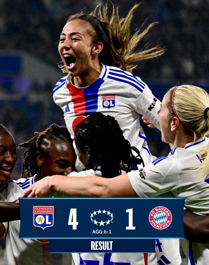  里昂女足4-1大勝拜仁女足，總比分6-1晉級(jí)女足歐冠半決賽